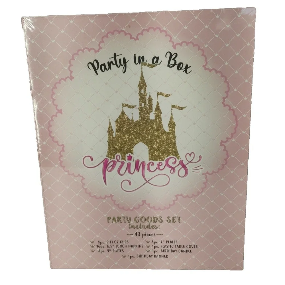 Pink Princess Castle Party Supplies 43pc Box‎  Banner Cups Candle Napkins & More